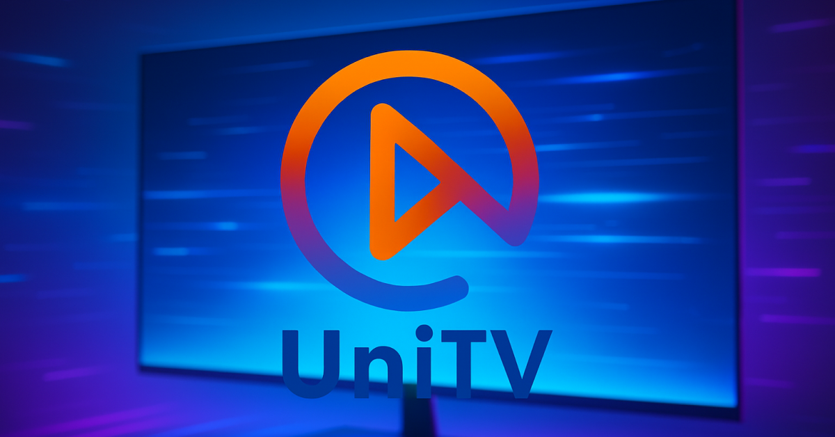 Interface da UniTV exibida em uma TV moderna com elementos gráficos futuristas em tons de azul.