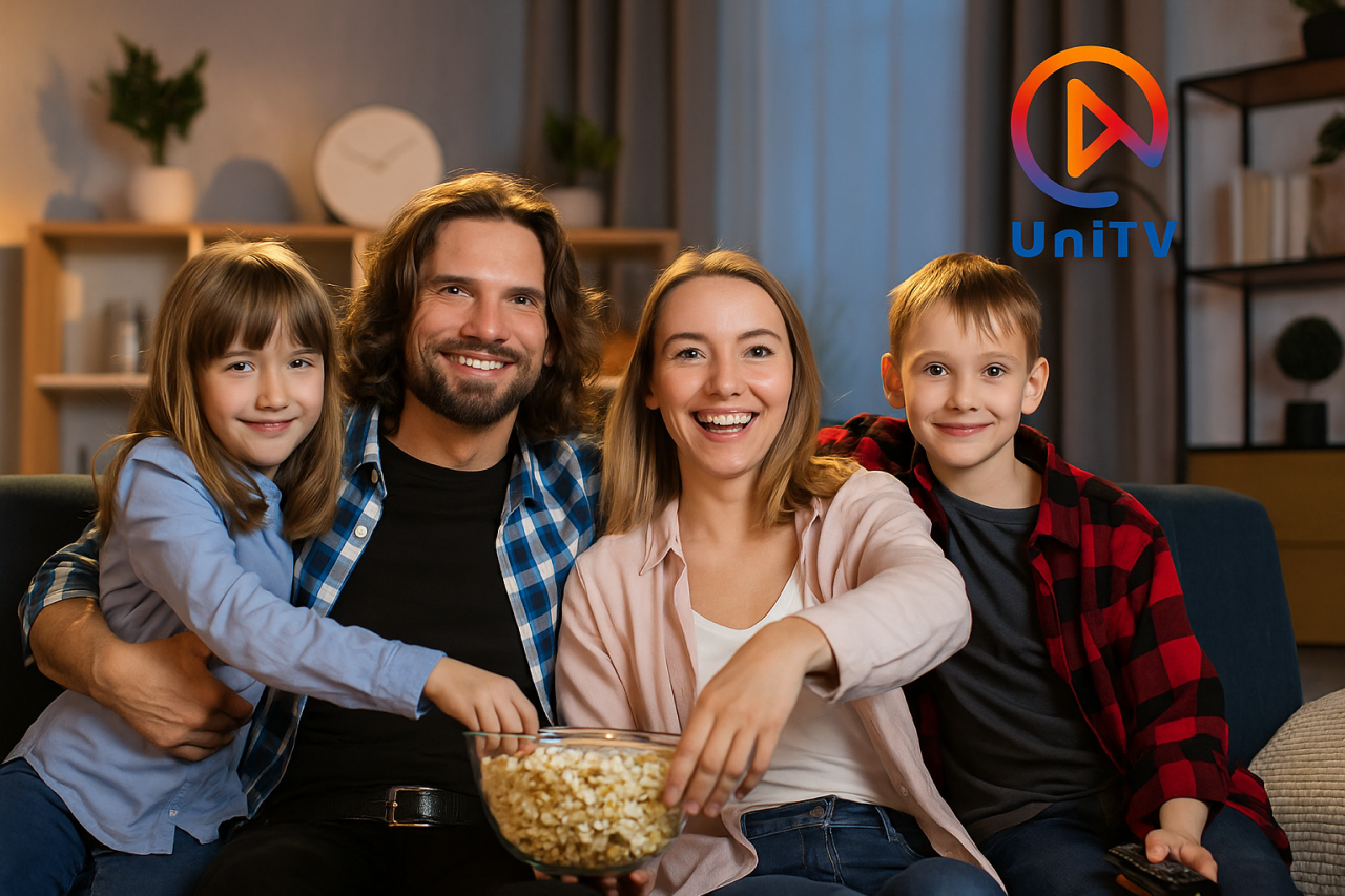 Família reunida assistindo televisão a UNITV, representando confiança e qualidade em IPTV.