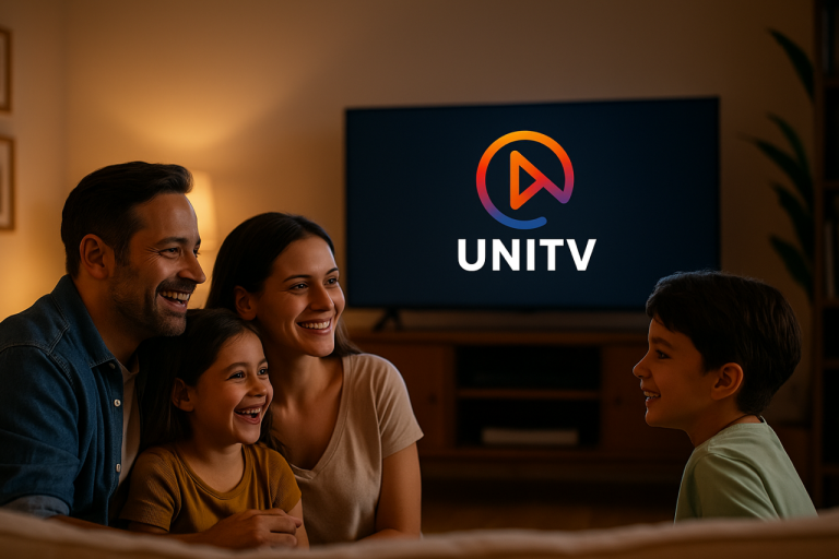 Família reunida assistindo televisão com a logo UNITV na tela, representando confiança e qualidade em IPTV.
