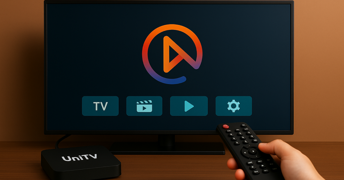 TV com dispositivo UniTV sobre uma mesa e controle remoto apontado para a tela.