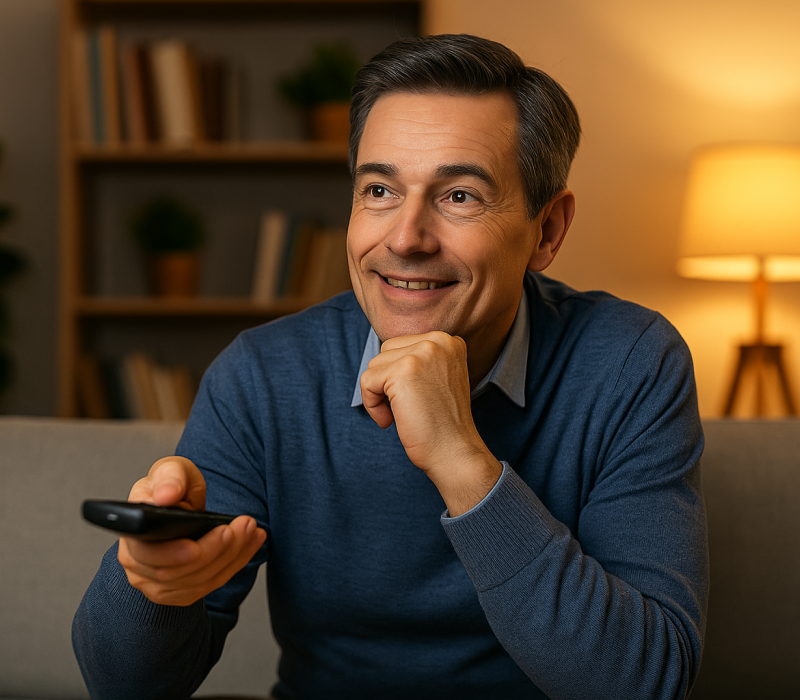 A imagem mostra um homem sentado confortavelmente em sua sala, assistindo conteúdos de IPTV em uma televisão de tela larga. A cena transmite a ideia de comodidade, variedade de entretenimento e tecnologia acessível para assistir canais online.