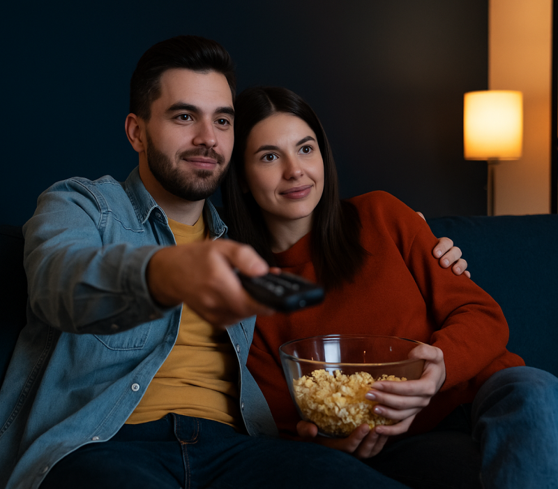 Casal assistindo filmes e séries em streaming em uma sala moderna, usando controle remoto.