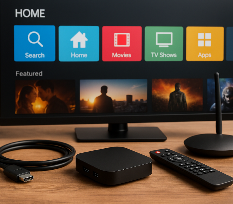 Dispositivo TV Box conectado à televisão com aplicativos de IPTV na tela.