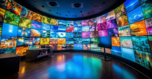 Painel curvo de múltiplas telas exibindo imagens coloridas, representando a diversidade de conteúdos no IPTV.