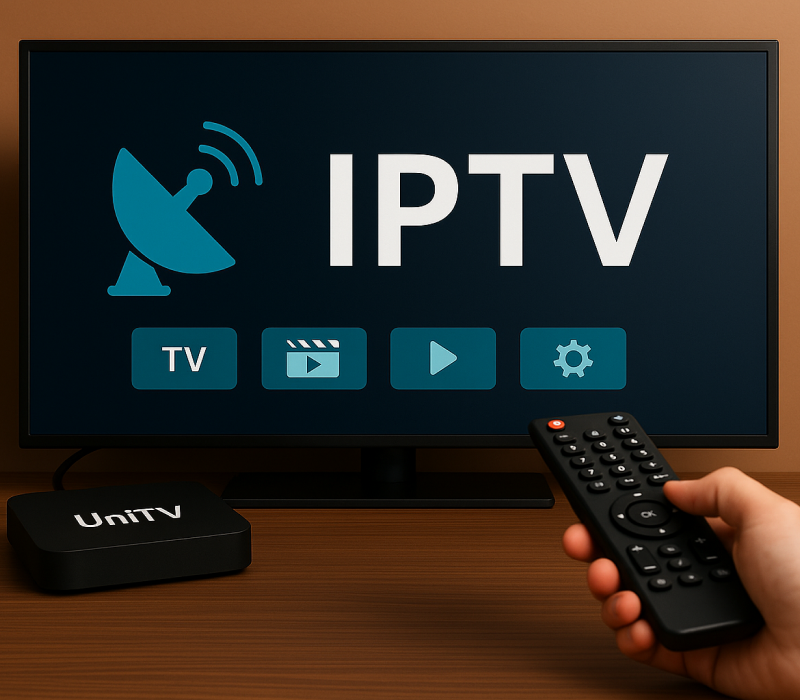 Pessoa utilizando controle remoto para acessar conteúdo em uma TV com IPTV via UniTV.
