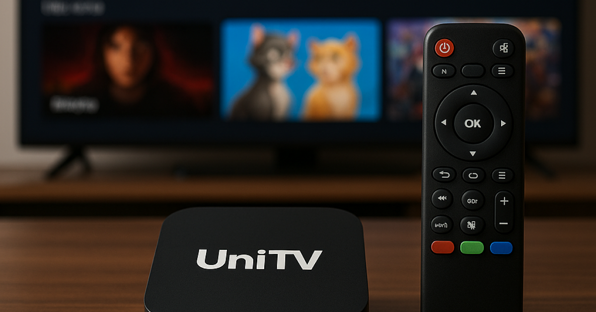 Dispositivo UniTV TV Box conectado a uma televisão moderna com interface de canais exibida.