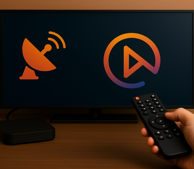 Mão segurando controle remoto em frente a uma Smart TV com interface de streaming ao fundo.