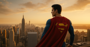Superman em pé diante de um céu iluminado, simbolizando força e esperança, cena conceitual para o filme de 2025.