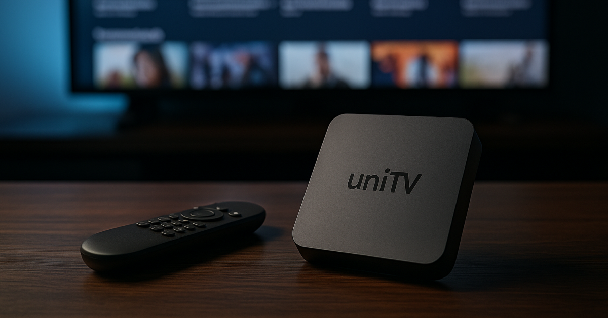 Unidade UniTV TV Box conectada a uma TV moderna para transmissão de conteúdo IPTV.